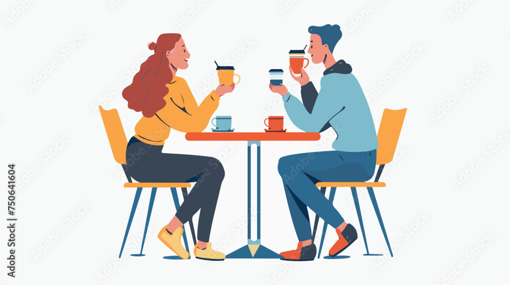 People drinking hot drink at cafe table together. woman