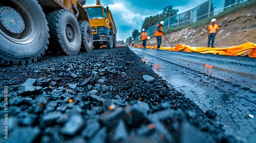 Construction Workers Paving a Road in a Heavy Industry Site