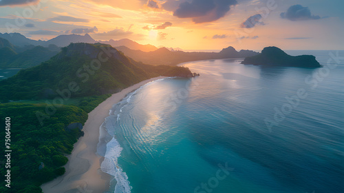 A photo featuring the tranquil beauty of a coastal paradise at sunrise, with the golden light of dawn casting a warm glow over the ocean. Highlighting the serenity of the morning and the timeless allu