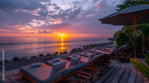 Beach Lounge Chairs during Sunset in Balinese Art Style