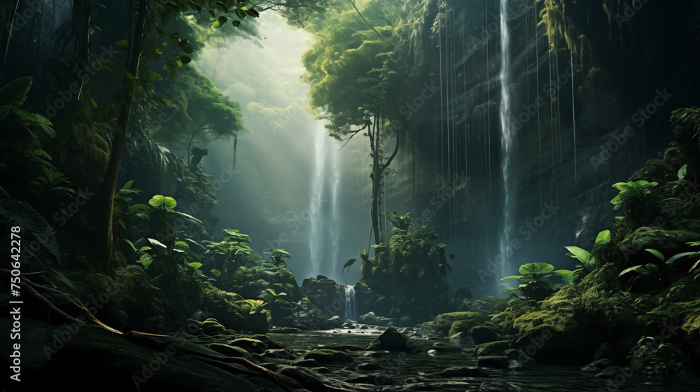 Rainforest Reverie: A Serene Waterfall Scene