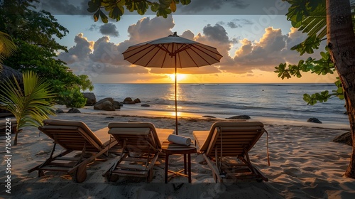 Tropical Beach Chairs and Sunset at Golden Hour