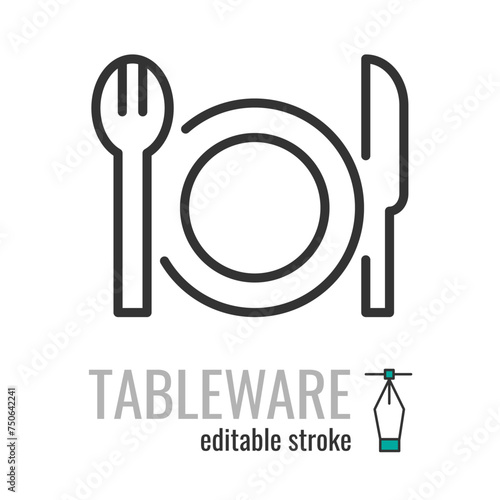 Tableware line icon.Restaurant food symbol.Fork,knife,plate pictogram.Dinner, utensil, table setting sign. Vector graphics illustration EPS 10. Editable stroke