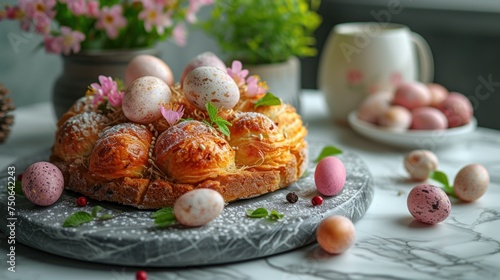 Easter background. Beautiful composition of Easter cake with multi-colored eggs and spring flowers on a delicate background. Spring holidays concept with copy space.