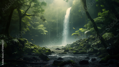 Enchanting Rainforest Waterfall in Misty Light