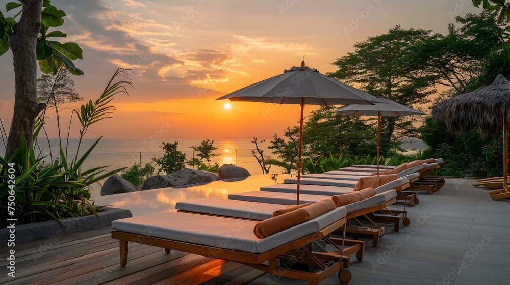 Relaxation by the Pool at Sunset in a Beach Resort