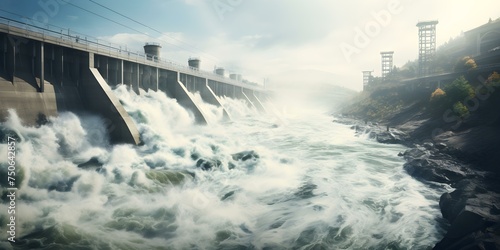 Harnessing River Power: A Powerful Dam Generating Renewable Energy for the Grid. Concept Renewable Energy, Hydropower, Dam Construction, Sustainable Development, Environmental Impact