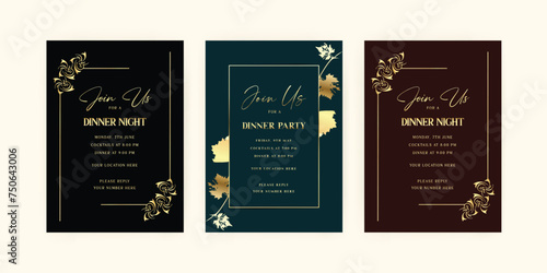 Dinner party invitation card template with luxury. floral. gold. Party poster a4 size. EPS vector illustration