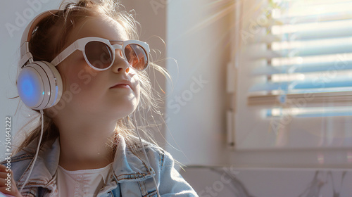 Niña mirando hacia arriba con gafas de sol de pasta blanca con cristales naranjas y auriculares en una habitación blanca con luz natural.