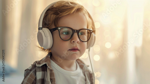 Retrato de niño pequeño de pie con auriculares grandes y gafas en una habitación con luz natural.