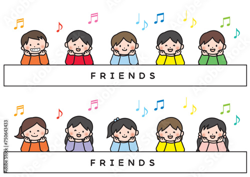 かわいい　ほっこり　イラスト素材　頬杖をつく子供のイラスト　こども　頬杖をつくかわいい子供のイラスト　カラフル　友達　楽しい　歌う　イラストセット　白背景　ベクター　ほのぼの　キャラクター