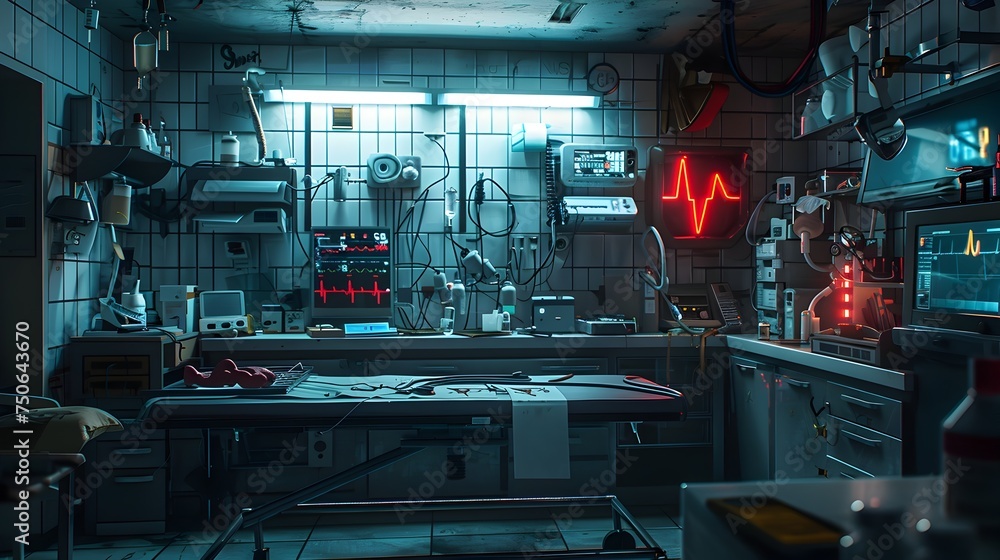 Medical Lab Room in a Cyberpunk Style with Blue and Red Lighting