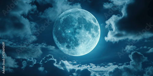 Halloween with a fantasy featuring a luminous blue moon dominating a cloudy night sky. The cinematic mystery is heightened by the ethereal glow, casting an eerie ambiance © ana