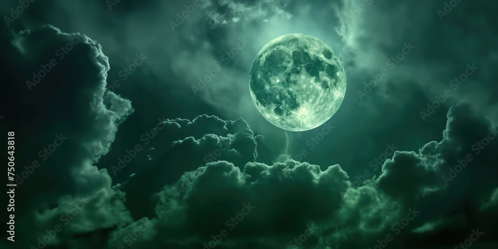 A spooky Halloween atmosphere emerges with a fantasy of a luminous green and white moon against a cloudy night sky. The ethereal closeup of the full moon adds a cinematic mystery to the dark greenish A spooky Halloween atmosphere emerges with a fantasy of a luminous green and white moon against a cloudy night sky. The ethereal closeup of the full moon adds a cinematic mystery to the dark greenish