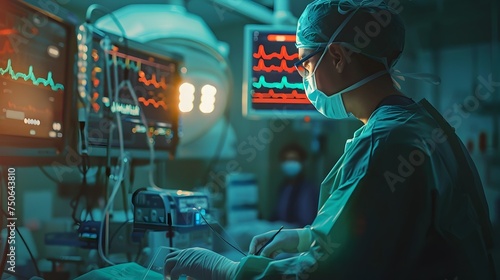Surgeon in Operating Room Checking Monitors in Detail