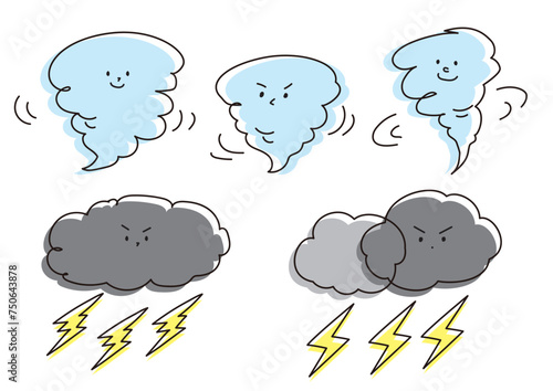 かわいい　ほっこり　イラスト素材　竜巻と雷雲のイラスト　ベクターイラスト　天気　絵　手書き　絵本　雷　風　嵐　アイコン　イラストセット　白背景　ベクター　ほのぼの　キャラクター