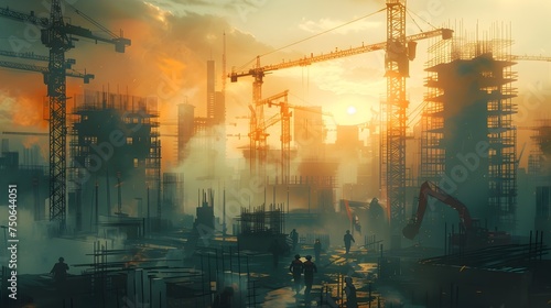 Cyberpunk Cityscape with Construction Cranes at Sunset