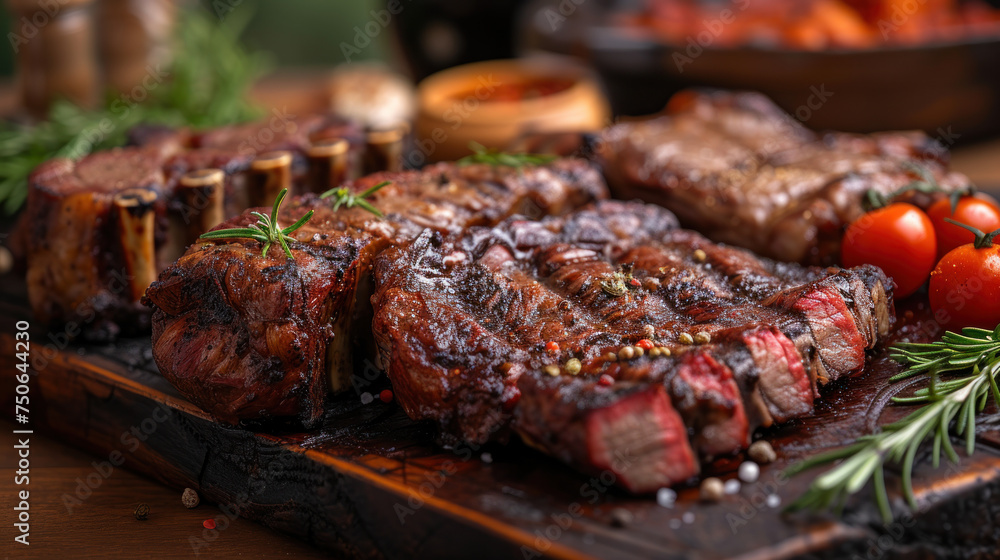 succulent selection of meats including ribs, lamb chops, and steak, focusing on the textures, rich colors, and the enticing aroma, set in a rustic kitchen