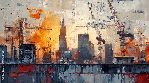 Oil Painting of Construction Cranes and City Skyline in a Street Art Style
