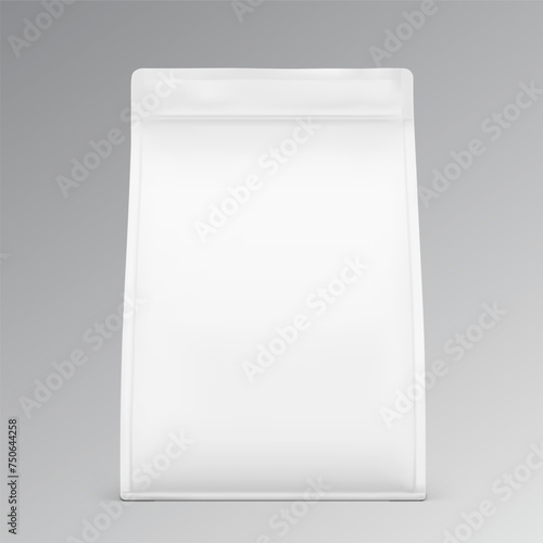 Vertical flat bottom gusset bag with zip lock mockup for food, sport nutrition. Front view. Vector illustration isolated on grey background. Can be use for template your design. EPS 10.