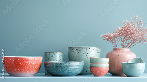 Vibrant ceramic bowls and plates artistically arranged against a striking red background photo