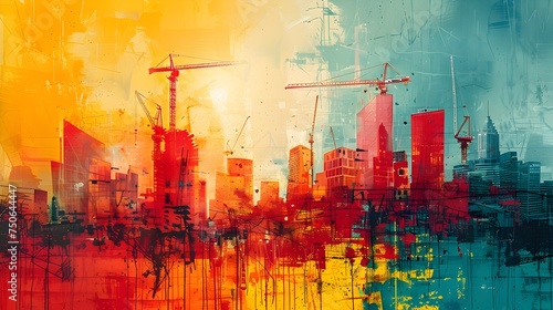 Vibrant City Scene with Cranes and Construction