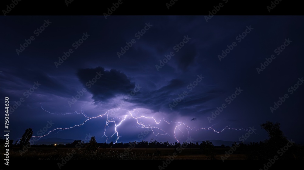 Fototapeta premium Lightning Strike in the dark sky over the city. Lightning storm over city in purple light