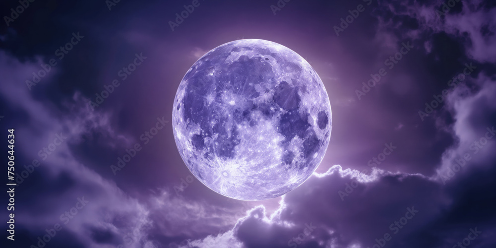 A haunting Halloween ambiance unfolds with a fantasy of a radiant purple moon against a cloudy night sky. The cinematic mystery vibe intensifies as the ethereal glow of the full moon illuminates