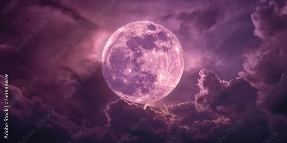 Fantasy full purple moon. Horror spooky Halloween concept. Cloudy night sky lit by a large closeup of a full moon in a glowing fantasy ethereal moon. Cinematic mystery vibe. purple sky and moon.