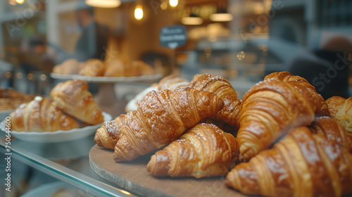 Delectable croissants lined up enticingly in a bakery display, inviting a taste of Parisian delight