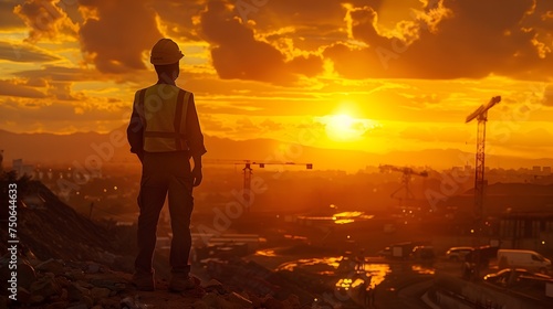 Construction Worker in Hardhat Looking Out the Window at Sunset