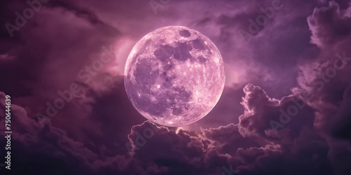 Fantasy full purple moon. Horror spooky Halloween concept. Cloudy night sky lit by a large closeup of a full moon in a glowing fantasy ethereal moon. Cinematic mystery vibe. purple sky and moon.