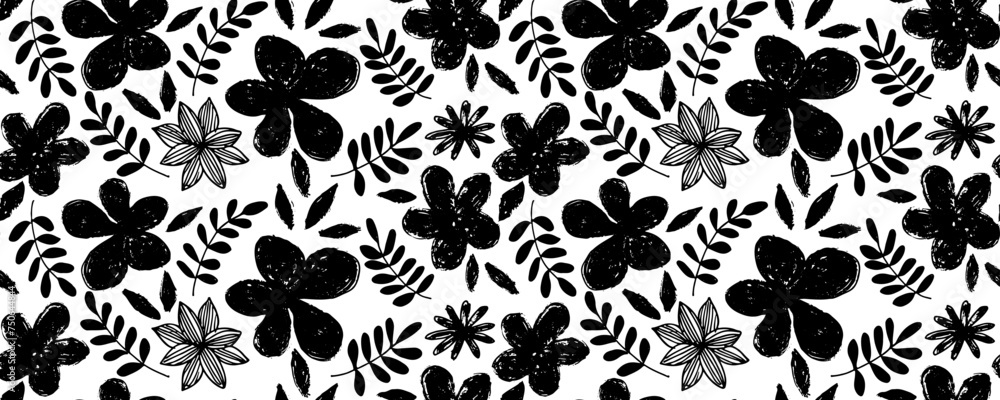 Seamless pattern modern abstract flowers chamomile. Hand drawn vector botanical background. Black ink illustration with floral motif. Seamless pattern modern abstract flowers chamomile. Hand drawn vector botanical background. Black ink illustration with floral motif.