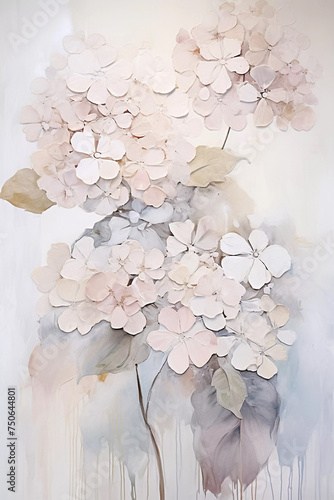 Watercolor painting of hydrangea flowers. Veretical botanical wall art, close-up floral poster photo