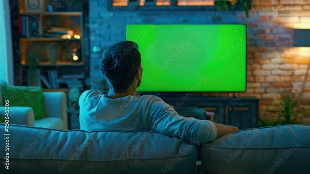 Man watch tv with green screen mock up. Modern television with chroma key template. Empty mockup, blank space. Cozy home interior. Guy enjoy movie back view. Online cinema ad concept. Evening leisure. Man watch tv with green screen mock up. Modern television with chroma key template. Empty mockup, blank space. Cozy home interior. Guy enjoy movie back view. Online cinema ad concept. Evening leisure.