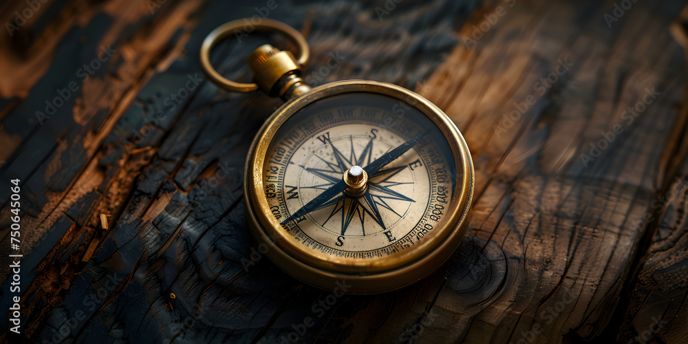 Vintage compass on wooden background,Old-fashioned compass on wooden surface,Retro compass against wooden texture