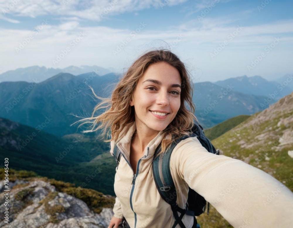 Young woman with wide smile taking selfie portrait on the peak of the mountain