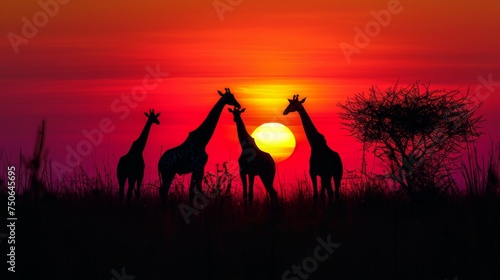 Giraffes Silhouetted Against a Colorful Sunset  Graceful giraffes silhouetted against a vibrant  multicolored sunset on the African savannah.