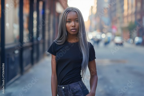 Young African American Woman in Long Black T-Shirt Mockup with Silver Gray Straight Hair Against a Blurred City Background © Still7