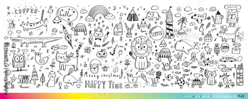 Collection of hand drawn cute doodles Doodle children drawing Sketch set of drawings in child style Funny Doodle Hand Drawn Page for coloring  cute animal