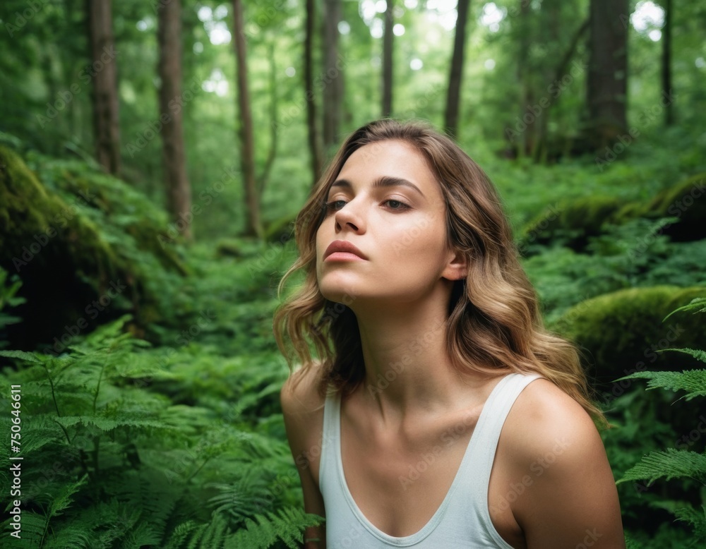 A young woman deep breathing by fresh air in a forest A young woman deep breathing by fresh air in a forest