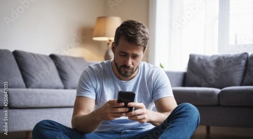A sad upset young man checking mobile phone sitting on the floor in the room at home
