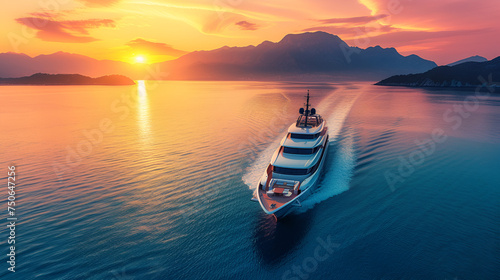 luxury cruiseline ship or yacht sailing in the middle of sea at sunset. generative ai photo