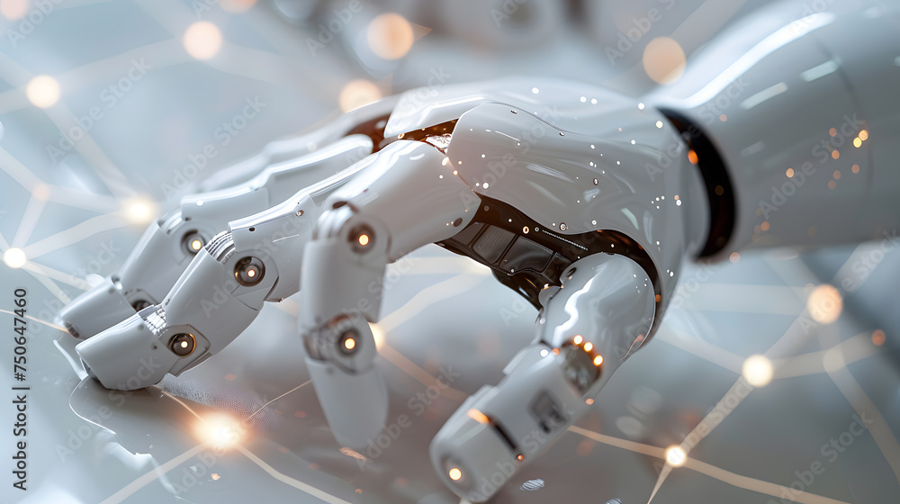 Fototapeta premium Artificial intelligence technology robot hand typing on glowing infographic lines