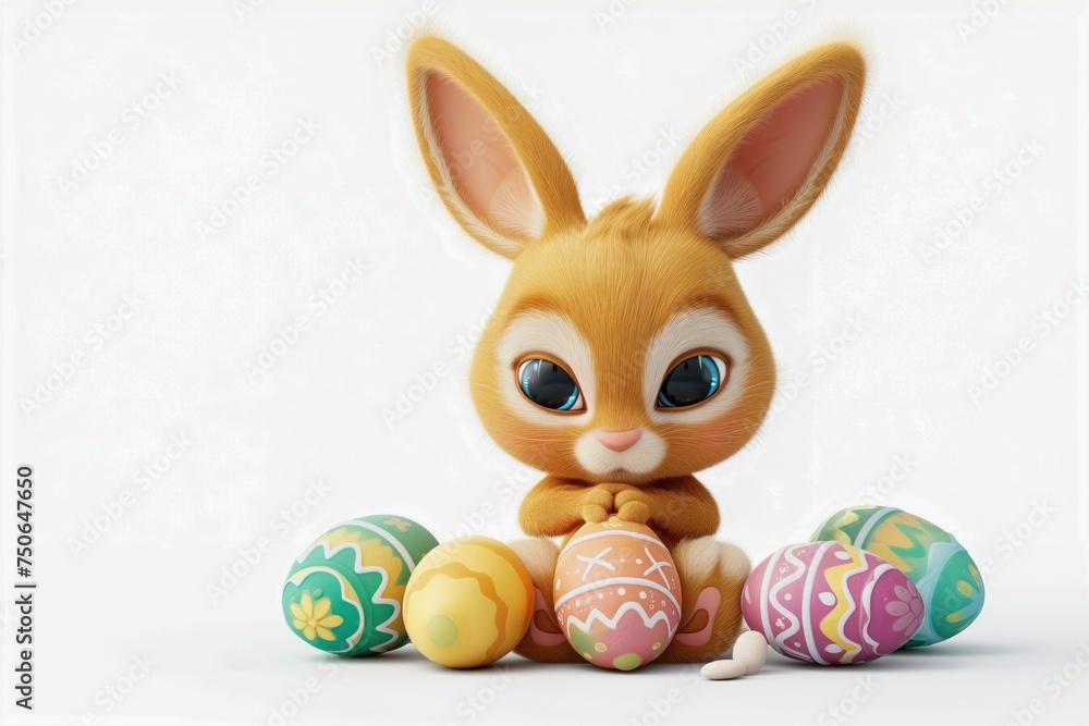 Fototapeta premium Cute Easter bunny with big eyes plays with Easter decorated eggs on a white isolated background. Easter character