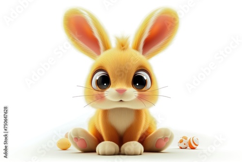 A cute red Easter bunny with big eyes and ears sits in a funny pose, with decorated Easter eggs nearby. Isolated Easter character on a white background. Easter concept
