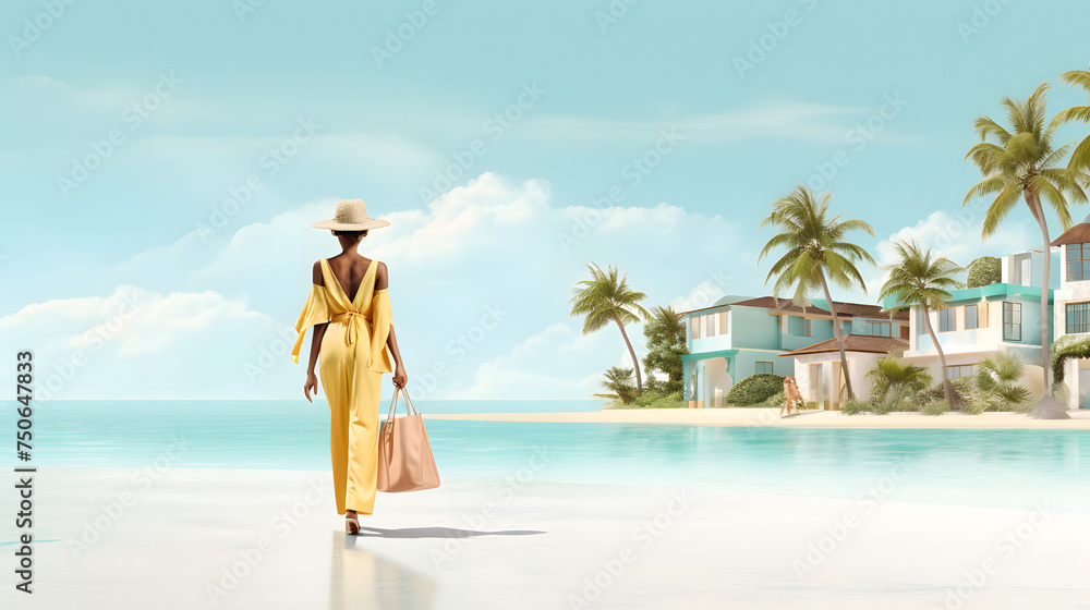 Confident Girl in Fashionable Jumpsuit, Strolling with Shopping Bags by Palm Trees and Ocean Confident Girl in Fashionable Jumpsuit, Strolling with Shopping Bags by Palm Trees and Ocean