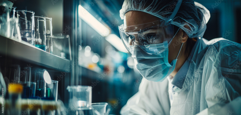 Focused researcher in lab, wearing a protective mask, works on medical innovations with advanced equipment, symbolizing dedication to healthcare advancement. Focused researcher in lab, wearing a protective mask, works on medical innovations with advanced equipment, symbolizing dedication to healthcare advancement.