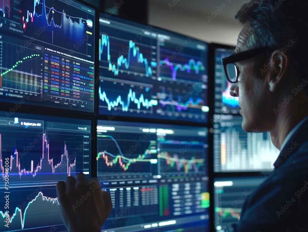 Datadriven investment analysis screens filled with market insights global investors strategize Datadriven investment analysis screens filled with market insights global investors strategize