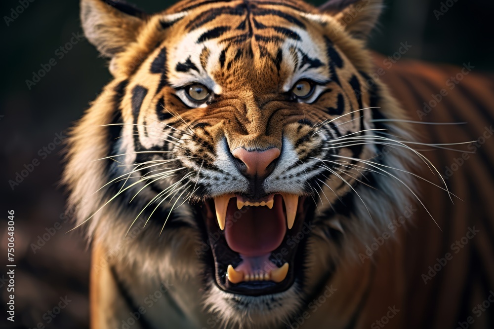 Naklejka premium Tiger face roaring showcasing its powerful jaws and sharp teeth